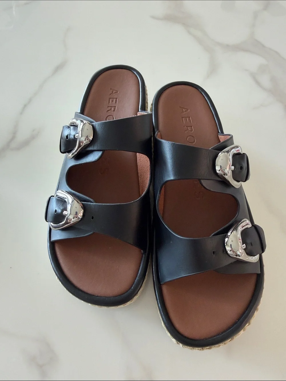 AEROSOLES Black Double-Buckle Slide Sandals with Brown Footbed